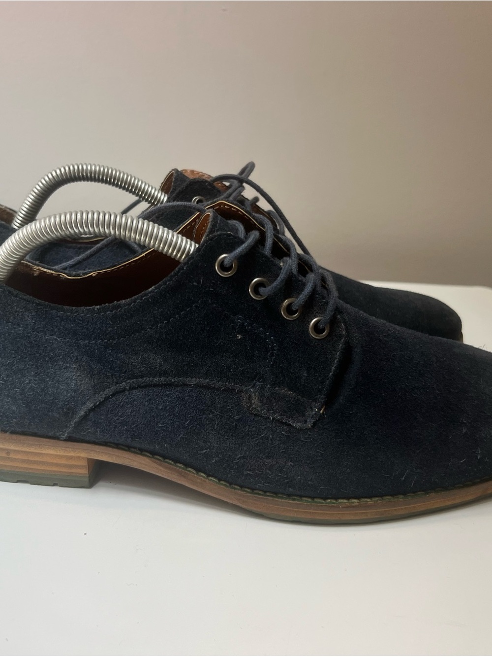 Topman Navy Suede Derby Shoes with Brown Trim
